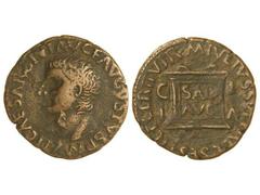 As. ÉPOCA DE TIBERIO. ILICI. Anv.: TI. CAESAR DIVI. AVG. F. AVGVSTVS. P. M. Cabeza de Tiberio a izquierda. Rev.: SAL. AVG. C. I. I. A. M. IVLIVS. SETTAL. L. SESTI. CELER. II VIR. Ara. 11,20 grs. AB-15