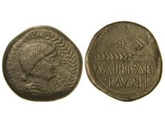 Dupondio. OBULCO. Anv.: Cabeza femenina a derecha, dentro de corona, delante OBVLCO. Rev.: Arado a derecha, debajo espiga y leyenda ibércia. 29,40 grs. Pátina oscura. (Reverso parcialmente retocado). 