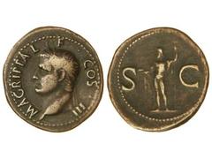 Dupondio. Acuñada el 27-12 a.C. AGRIPA. Anv.: M. AGRIPPA L. F. COS. III. Cabeza a izquierda con corona rostral. Rev.: S. C. Neptuno en pie a izquierda. C-3. MBC-.