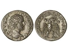 Tetradracma. 196-198 d.C. CARACALLA. SIRIA. Anv.: Busto laureado a derecha. Rev.: Águila en pie de frente entre dos estrellas. AR. GIC-2650 var. EBC.