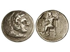 Tetradracma. 336-323 d.C. ALEJANDRO MAGNO. Anv.: Cabeza de Hércules con piel de león a derecha. Rev.: Zeus entronizado a izquierda, detrás leyenda, delante símbolo. 17,10 grs. AR. (Golpe de cambista e