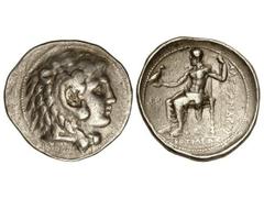 Tetradracma. 336-323 a.C. ALEJANDRO MAGNO. Anv.: Cabeza de Hércules con piel de león a derecha. Rev.: Zeus entronizado a izquierda debajo y a izquierda leyenda, delante símbolo. 17,10 grs. AR. Se-6724