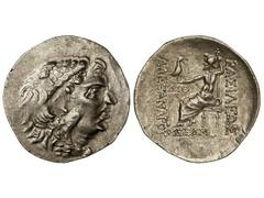 Tetradracma. ALEJANDRO MAGNO. ODESSUS. Anv.: Cabeza de Hércules con piel de león a derecha. Rev.: Zeus entronizado a izquierda, alrededor leyenda. 16,50 grs. AR. Müller-429. MBC+.