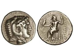 Tetradracma. 336-323 a.C. ALEJANDRO MAGNO. Anv.: Cabeza de Hércules con piel de león a derecha. Rev.: Zeus entronizado a izquierda, debajo y a derecha leyenda, delante símbolo ¶. 17,10 grs. AR. Se-671