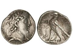 Tetradracma. 129-125 a.C. DEMETRIO II. NIKATOR. FENICIA. Anv.: Busto a derecha de Demetrio. Rev.: Águila, alrededor leyenda a la izquierda palmera. 14,30 grs. AR. Se-7105. MBC+/EBC.