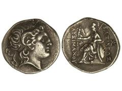 Tetradracma. 323-281 s.C. LISÍMACO. TRACIA. Anv.: Cabeza diademada de Alejandro Magno con cuerno de Amón a derecha. Rev.: Atenea entronizada a izquierda, sosteniendo Victoria, delante y detrás leyenda