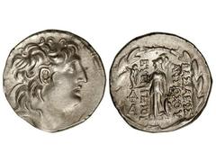 Tetradracma. 138-128 a.C. ANTÍOCO VII. Anv.: Cabeza diademada a derecha. Rev.: Atenea en pie a izquierda con Victoria, delante y detrás leyenda, alrededor de láurea. 16,70 grs. AR. Se-7091. EBC.