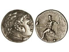 Tetradracma. 336-323 a.C. ALEJANDRO MAGNO. Anv.: Cabeza de Hércules con piel de león a derecha. Rev.: Zeus entronizado a izquierda detrás leyenda delante símbolo. 17,30 grs. AR. Se-6718 var. MBC+/EBC-