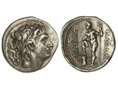 Tetradracma. 294-288 a.C. DEMETRIO POLIORKETES. MACEDONIA. Anv.: Cabeza diademada de Demetrio a derecha. Rev.: Poseidón a izquierda en pie, delante y detrás leyenda. 16,60 grs. AR. (Oxidaciones limpai