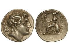 Tetradracma. 297-281 a.C. LISÍMACO. TRACIA. Anv.: Cabeza diademada de Alejandro Magno con cuerno de Amón a derecha. Rev.: Atenea entronizada a izquierda, sosteniendo a Nike, delante y detrás leyenda. 