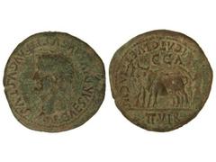 As. ÉPOCA DE TIBERIO. CAESARAUGUSTA. Anv.: TI. CAESAR DIVI. AVGVSTI F. AVGVSTVS. Cabeza laureada de Tiberio a izquierda. Rev.: C. C. A. M. CATO. L. VETTIACVS II VIR. Yunta a izquierda. 10,70 grs. Páti