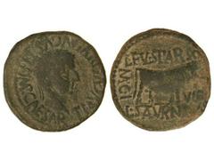 As. ÉPOCA DE TIBERIO. CALAGURRIS. Anv.: TI. AVGVS. DIVI. AVGVSTI. F. IMP. CAESAR. Cabeza laureada de Tiberio a derecha. Rev.: L. FVL. SPARSO. L. SATVRN(INO) II VIR. M. C. I. Toro a derecha. 11,80 grs.