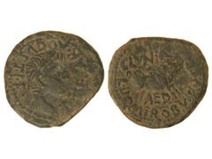 Semis. ÉPOCA DE TIBERIO. CLUNIA. Anv.: TI. CAESAR AVGVSTI. F. Cabeza laureada de Tiberio a derecha. Rev.: CLVNIA. AED. L. DOMI. ROBV. T. (OCTAN. METAL). Jabalí a derecha. 6,60 grs. Pátina verde oscura