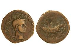 As. ÉPOCA DE TIBERIO. ILERCAVONIA. Anv.: TI. CAESAR DIVI. AVG. AVGVSTVS. Cabeza laureada de Tiberio a derecha. Rev.: DER. (M. H. I.) ILERCAVONIA. Nave. 7,60 grs. Resello en reverso. AB-1493. BC+/MBC-.