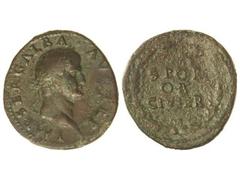 Dupondio. Acuñada el 68 d.C. GALBA. Anv.: IMP. SER. GALBA AVG. TR. P. Cabeza laureada a derecha. Rev.: S. P. Q. R. OB. CIV. SER. dentro de corona de hojas de roble. 14,50 grs. Pátina marrón-verdosa. (