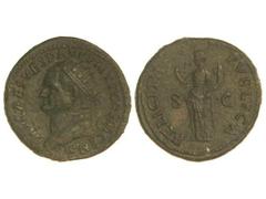 Dupondio. Acuñada el 75 d.C. VESPASIANO. Anv.: IMP. CAES. VESP. AVG. P. M. TR. P. COS. VI. Cabeza radiada a derecha. Rev.: FELICITAS PVBLICA S. C. Felicidad en pie a izquierda, portando caduceo y corn