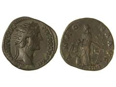 Dupondio. Acuñada el 140-143 d.C. ANTONINO PÍO. Anv.: ANTONINVS AVG. PIVS P. P. TR. P. XII. Cabeza radiada a derecha. Rev.: ANNONA AVG. COS. IIII S. C. Annona en pie con áncora y espigas, modio a izqu