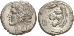 GREEK COINS Ancient Greece Tetradracma. 466-422 a.C. LEONTINI. SICILIA. Anv.: Cabeza de Apolo laureado a izquierda. Rev.: LEONTINON. Cabeza de león a izquierda, alrededor cuatro granos de trigo. 17,43