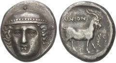 GREEK COINS Ancient Greece Tetradracma. 400-398 a.C. AINOS. Anv.: Cabeza de Hermes con petaso de frente. Rev.: AINION. Cabra a derecha, delante corona de laurel. 15,43 grs. AR. Ligera pátina oscura. H