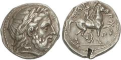 GREEK COINS Ancient Greece Tetradracma. 317-305 a.C. FILIPO II. AMPHIPOLIS. MACEDONIA. Anv.: Cabeza de Zeus laureado a derecha. Rev.: Jinete marchando a derecha, debajo aphlaston y monograma. 14,33 gr