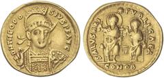ROMAN COINS: ROMAN EMPIRE Roman Coins Sólido. 402-450 d.C. TEODOSIO II. CONSTANTINOPLA. Anv.: D. N. THEODOSIVS P. F. AVG. Busto de frente con casco, lanza y escudo. Rev.: SALVS REI *PVBLICAE G.Teodosi