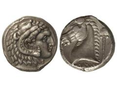 Tetradracma. 325-300 a.C. ZEUGITANIA. CARTAGO. Anv.: Cabeza de Hércules con piel de león a derecha. Rev.: Cabeza de caballo a izquierda, detrás palmera, debajo leyenda púnica. 16,40 grs. AR. Pátina. S