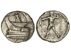 Tetradracma. 294-288 a.C. DEMETRIO POLIORKETES. Anv.: Nike en pie sobre proa de galera a izquierda. Rev.: Poseidón con tridente a izquierda, detrás leyenda y símbolo, delante monograma, debajo leyenda