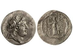 Tetradracma. 138-129 a.C. ANTÍOCO VII. REINO SELÉUCIDA. Anv.: Cabeza diademada a derecha. Rev.: Atenea en pie a izquierda sosteniendo a Nike, delante y detrás leyenda. 16,40 grs. AR. Pátina. (Oxidacio