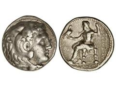 Tetradracma. 336-323 a.C. ALEJANDRO MAGNO. Anv.: Cabeza de Hércules con piel de león a derecha. Rev.: Zeus entronizado a izquierda, delante símbolo, debajo y a derecha leyenda. 17,10 grs. AR. Se-6724 