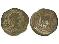 As. ÉPOCA DE TIBERIO. CALAGURRIS. Anv.: TI. AVGV(S.) (DI)VI. AVGVSTI. F. IMP. CAESAR. Cabeza laureada de Tiberio a derecha. Rev.: L. DVL. SPAR(SO.) L. SATVRNINO (II) VIR. M. C. I. Toro a derecha. 11,8