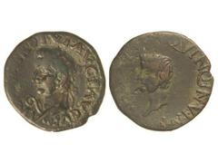 Semis. ÉPOCA DE TIBERIO. CARTAGONOVA. Anv.: (TI. CAESAR) DIVI. AVG. F. AVGV. P. M. Cabeza laureada de Tiberio a izquierda, delante lituo. Rev.: (C. CAESAR TI. N.) QVINQ. I. N. V. N. K. Cabeza de Calíg