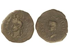 Semis. ÉPOCA DE TIBERIO. CARTAGONOVA. Anv.: TI. CAES. DIVI. AVG. F. AVG. P. M. Cabeza laureada de Tiberio a izquierda, delante lituo. Rev.: C. CAESAR TI. N. QVINQ. I. N. VIN. K. Cabeza de Calígula a i