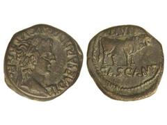 Semis. ÉPOCA DE TIBERIO. CASCANTUM. Anv.: TI. CAESAR DIVI. AVGSVTI. F. Cabeza laureada de Tiberio a derecha. Rev.: MVN. CASCANT. Toro a derecha. 6 grs. Pátina oscura. AB-692. MBC+.