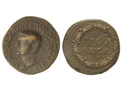 As. ÉPOCA DE TIBERIO. SEGOBRIGA. Anv.: TI. CAESAR DIVI AVG. F. AVGVS. F. IMP. VIII. Cabeza desnuda de Tiberio a izquierda. Rev.: SEGOBRIGA, dentro de láurea. 13,80 grs. Pátina oscura. (Oxidaciones en 
