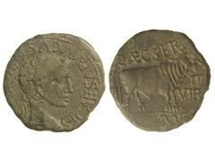 As. ÉPOCA DE TIBERIO. TURIASO. Anv.: TI. CARSAR AVGVST(VS F. IMPERATOR). Cabeza laureada de Tiberio a derecha. Rev.: CAEC. SER. (M. VAL.) QVAD. (MVN. TVR.) VII VIR. Toro a derecha. 10,10 grs. Pátina v