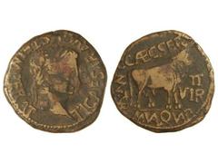 As. ÉPOCA DE TIBERIO. TURIASO. Anv.: TI. CAESAR AVGVST. F. IMPERAT. Cabeza laureada de Tiberio a derecha. Rev.: C. CAEC. SER. M. VAL. QVAD. II VIR. MVN. TVR. Toro a derecha. 13,80 grs. Pátina oscura. 