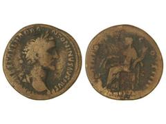 Sestercio. Acuñada el 151-152 d.C. ANTONINO PÍO. Anv.: (IMP. C)AES T. AEL. HADR. ANTONINVS AVG. PIVS P.P. Busto laureado a derecha. Rev.: TR. POT. XV COS. IIII (ANNONA AVG.) S. C. Annona sentada con c