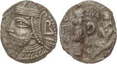 GREEK COINS Peseta Period Tetradracma. 208-222 d.C. VOLOGASES VI. PARTIA. Anv.: Busto barbado y diademado a izquierda con tiara, detrás B. Rev.: Rey entronizado a izquierda, delante Tyche, alrededor l