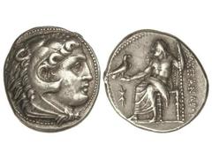 Tetradracma. 336-323 a.C. ALEJANDRO MAGNO. PELLA. Anv.: Cabeza de Hércules con piel de león a derecha. Rev.: Zeus entronizado a izquierda, detrás leyenda, delante símbolo. 17,20 grs. AR. Müller-3 var.