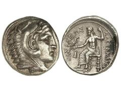 Tetradracma. 336-323 a.C. ALEJANDRO MAGNO. URBES INCIERTAS DE MACEDONIA. ¿AMPHIPOLIS? . Anv.: Cabeza de Hércules con piel de león a derecha. Rev.: Zeus entronizado a izquierda, alrededor leyenda y sím