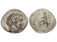 Tetradracma. 297-281 a.C. LISIMACO. TRACIA. Anv.: Cabeza diademada de Alejandro Magno con cuerno de Amón a derecha. Rev.: Atenea entronizada a izquierda sosteniendo a Nike, delante y detrás leyenda. 1