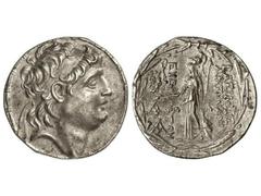 Tetradracma. 138-128 a.C. ANTÍOCO VII. REINO SELÉUCIDA. Anv.: Cabeza diademada a derecha. Rev.: Atenea en pie a izquierda con Victoria, delante y detrás leyenda, alrededor láurea. 16,70 grs. AR. Se-70