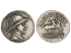 Tetradracma. 171-135 a.C. EUKRATIDES. BACTRIA e INDOGRECIA. Anv.: Cabeza diademada con casco a derecha. Rev.: Dióscuros a caballo a derecha, alrededor leyenda. 17,10 grs. AR. Se-7570. EBC-.