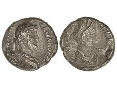 Tetradracma. 117-138 d.C. ADRIANO Y SABINA. ALEJANDRÍA. Anv.: Busto de Adriano, laureado a derecha, alrededor leyenda. Rev.: Busto diademado de Sabina a derecha, alrededor leyenda. 12 grs. Ve. G.I.C.-