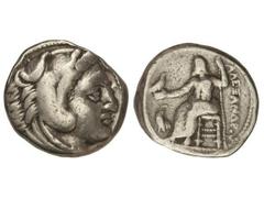 Tetradracma. 336-323 a.C. ALEJANDRO MAGNO. SALYMBRIA. Anv.: Cabeza de Hércules con piel de león a derecha. Rev.: Zeus entronizado a izquierda, alrededor leyenda y símbolos. 17 grs. AR. Müller-392. MBC