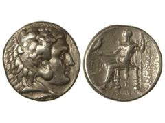 Tetradracma. 336-323 a.C. ALEJANDRO MAGNO. MACEDONIA, TRACIA, TESALIA. Anv.: Cabeza de Hércules con piel de león a derecha. Rev.: Zeus entronizado a izquierda, alrededor leyenda y monogramas. 16,90 gr