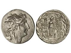 Tetradracma. 138-128 a.C. ANTÍOCO VII. REINO SELÉUCIDA. Anv.: Cabeza diademada a derecha. Rev.: Atenea en pie a izquierda delante y detrás leyenda. 16,50 grs. AR. Se-7091. EBC-.