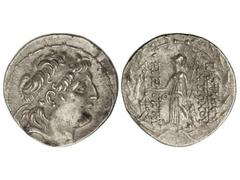 Tetradracma. 138-129 a.C. ANTÍOCO VII. REINO SELÉUCIDA. Anv.: Su cabeza diademada a derecha. Rev.: Atenea en pie a izquierda sosteniendo a Nike, delante y detrás leyenda, todo dentro de corona de laur