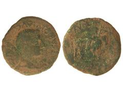 As. ÉPOCA DE TIBERIO. GRACCURRIS. Anv.: (TI. CA)ESAR DIVI. AVG. (F. AVGVSTVS). Cabeza laurada de Tiberio a derecha. Rev.: (MVNICIP. GRACCURRIS). Toro mitrado a derecha. 12 grs. Pátina verde. Resello e