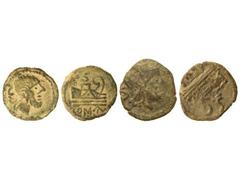 Lote 2 Semis. S. I a.C. IMITACIONES INDÍGENAS DE SEMIS REPÚBLICA ROMANA. Anv.: Cabeza de Saturno a derecha, detrás S. Rev.: Proa de nave a derecha, encima S, debajo leyenda. Pátina verde. A EXAMINAR. 